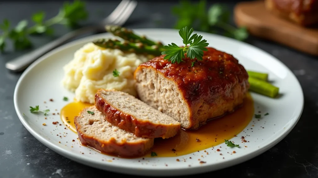 Juicy chicken meatloaf slices with mashed potatoes and asparagus on a white plate.