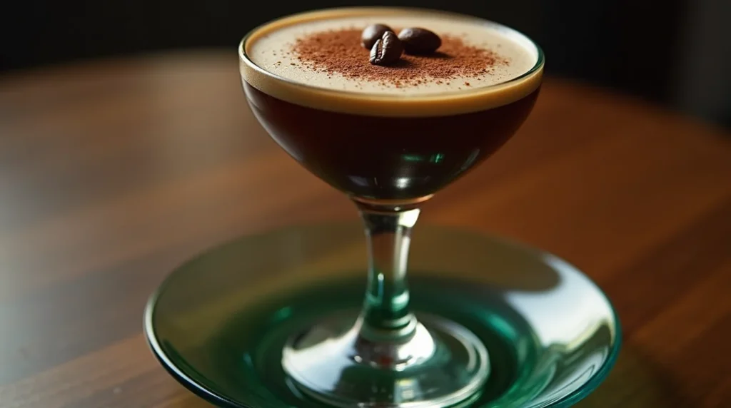 A close-up of a chocolate espresso martini in a coupe glass, topped with a layer of frothy foam, cocoa powder, and three coffee beans. The cocktail rests on a green plate with a blurred wooden background.