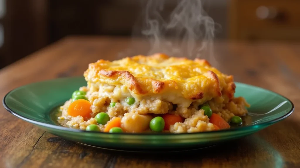 A steaming chicken shepherd's pie topped with a golden cheesy crust, served with peas and carrots on a green plate.
