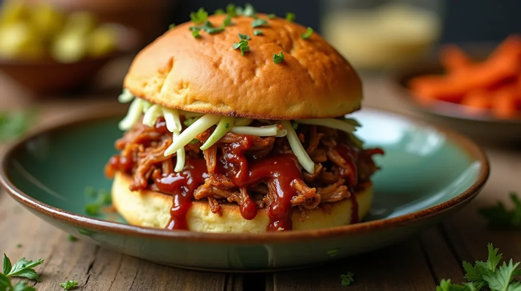 A cornbread BBQ sandwich filled with tender pulled pork, topped with shredded cheese, barbecue sauce, and fresh herbs, served on a rustic plate.