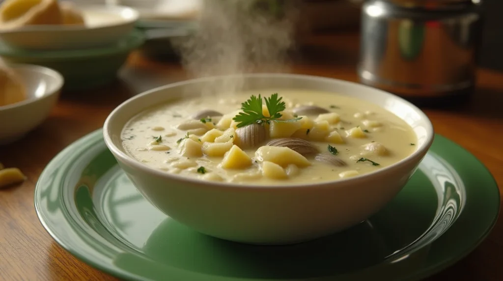 A steaming bowl of creamy grandmothers clam chowder recipe with diced potatoes and fresh parsley.