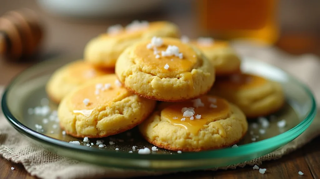 A plate of honey butter cornbread cookies topped with sea salt flakes and drizzled with honey.