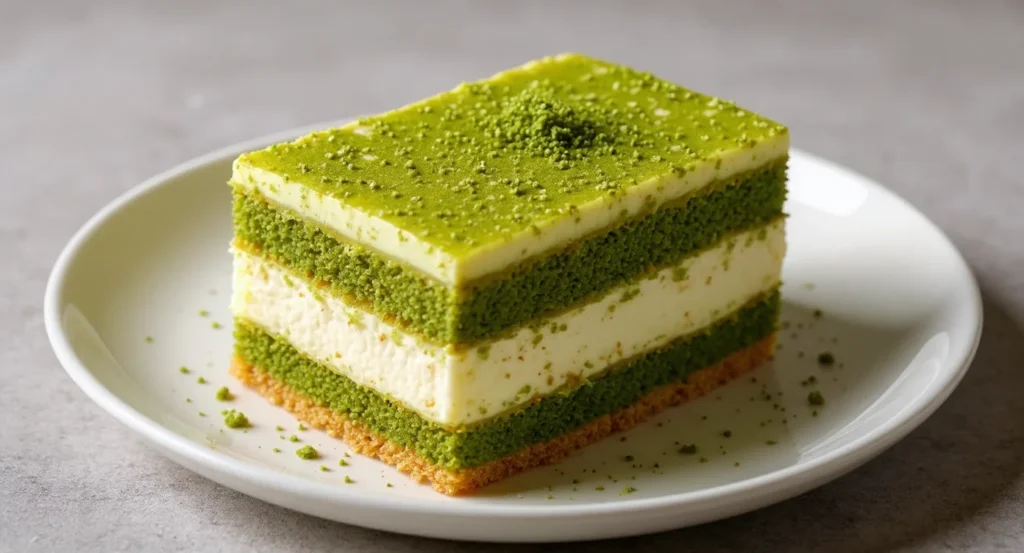 Delicious layered matcha tiramisu dessert on a white plate.