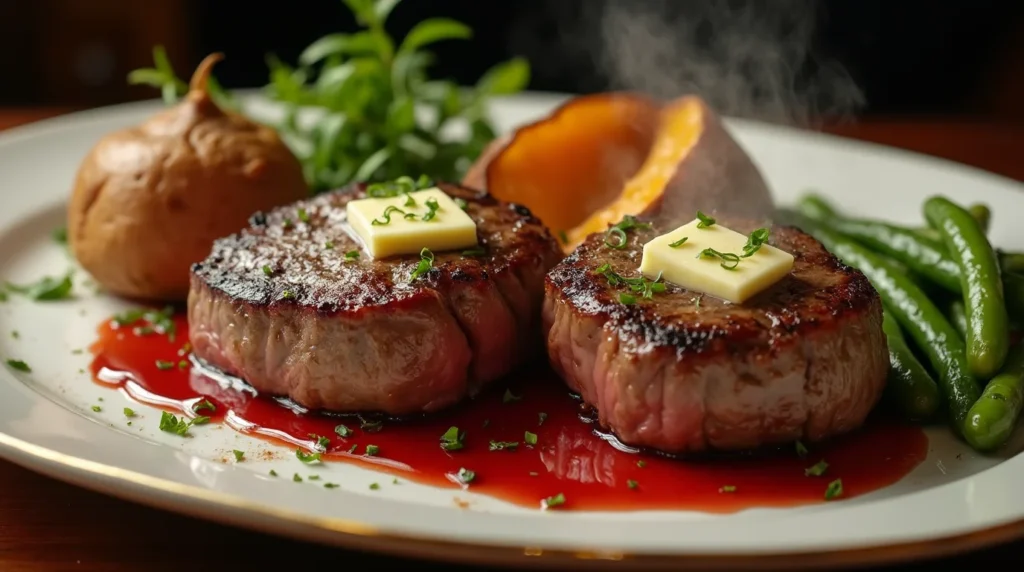Front view of filet mignon in air fryer served with vegetables and topped with butter.
