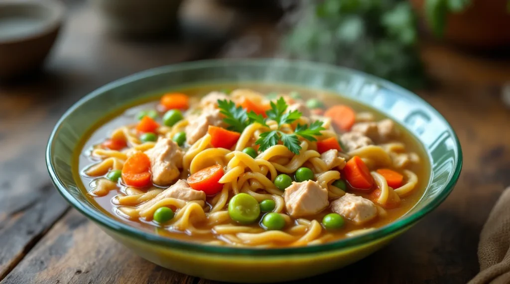 A bowl of vegetarian chicken noodle soup with fresh peas, carrots, and parsley garnish, served in a green dish on a rustic wooden table.
