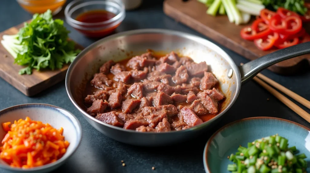 collection of traditional cooking tools for Ground Beef Bulgogi Recipe preparation