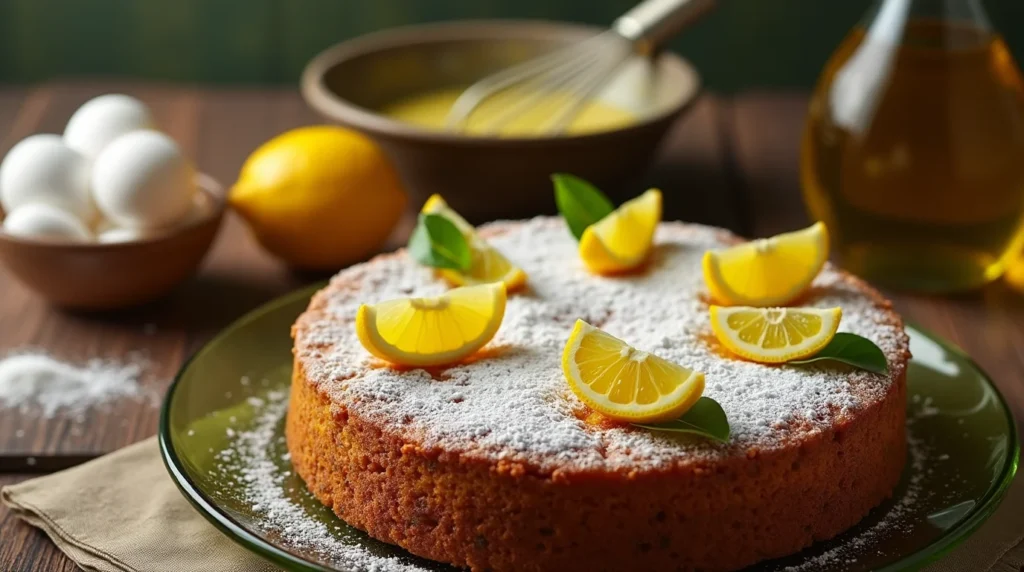 A freshly baked cake from the Dan Richards olive oil cake recipe, dusted with powdered sugar and garnished with lemon wedges and basil leaves, displayed in a kitchen setting.