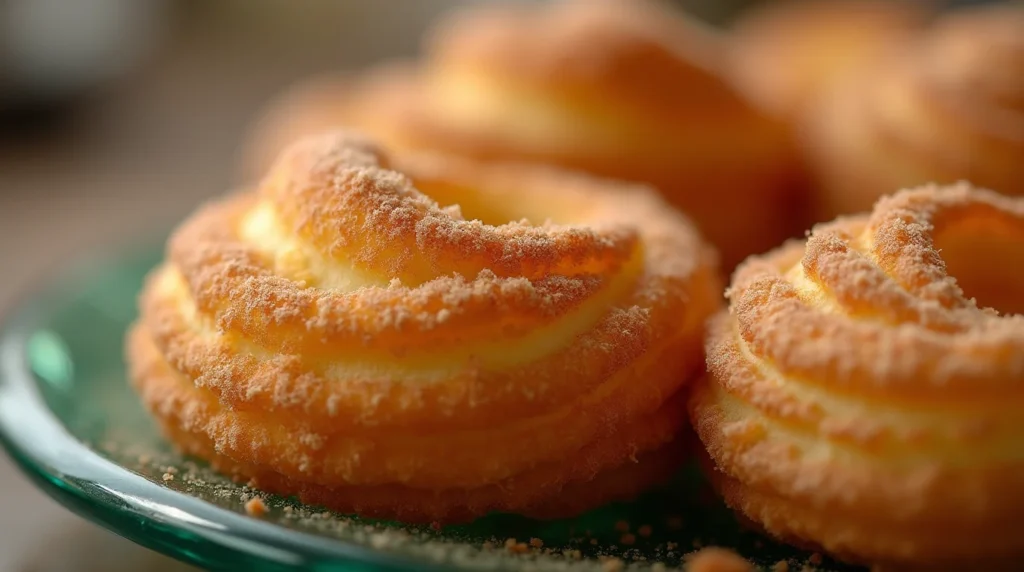 Close-up of golden churro-style pastry crust dusted with sugar on a glass plate.