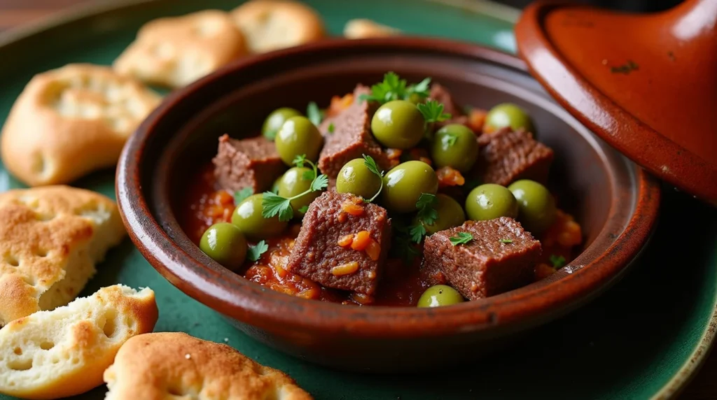 A traditional tagine pot filled with Beef Tagine with Green Beans and Olives, served with fresh bread.