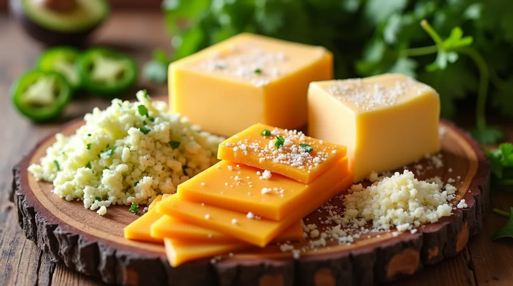 Assortment of Mexican cheese varieties, including crumbled and sliced cheeses, on a rustic wooden board with fresh herbs and jalapeños.