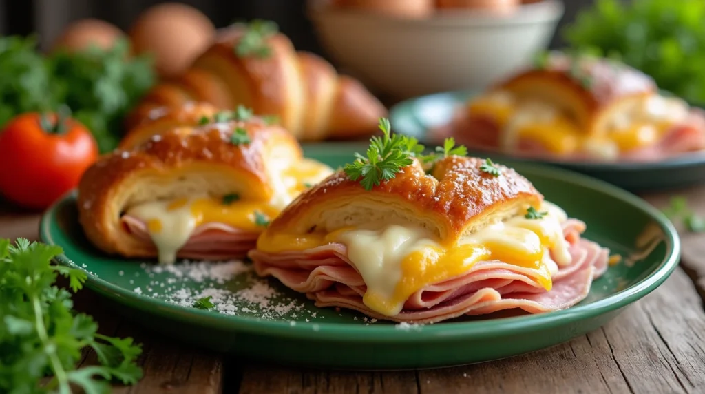 Freshly baked ham and cheese croissants with melted cheese, garnished with parsley, served on a green plate with a rustic kitchen backdrop.