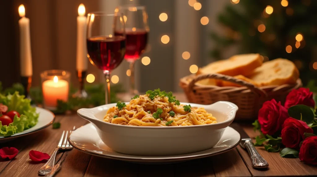 Festive table setting featuring Baked Chicken Fettuccine Alfredo in a white dish, surrounded by candles, red wine glasses, and fresh roses, with bread and salad on a wooden table.
