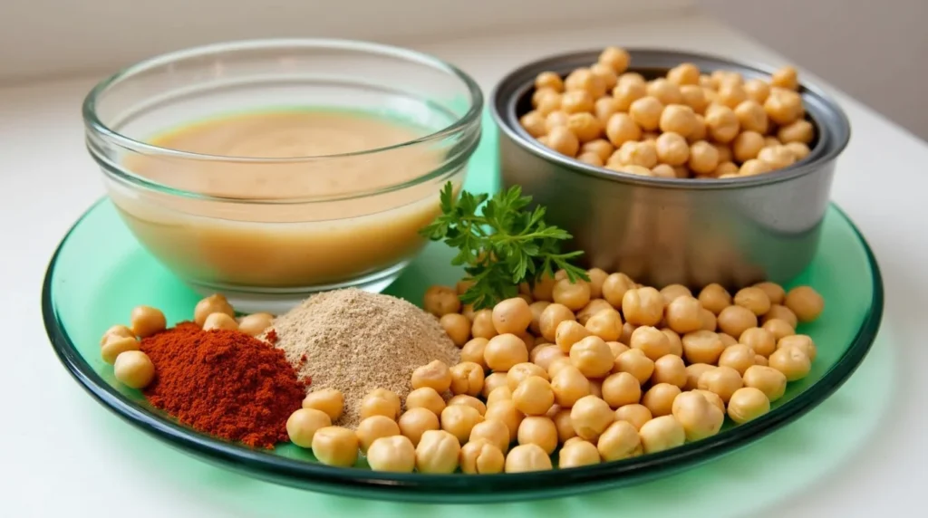 Ingredients for homemade hummus, including raw chickpeas, tahini in a glass bowl, paprika, ground spices, and fresh parsley, displayed on a green plate.