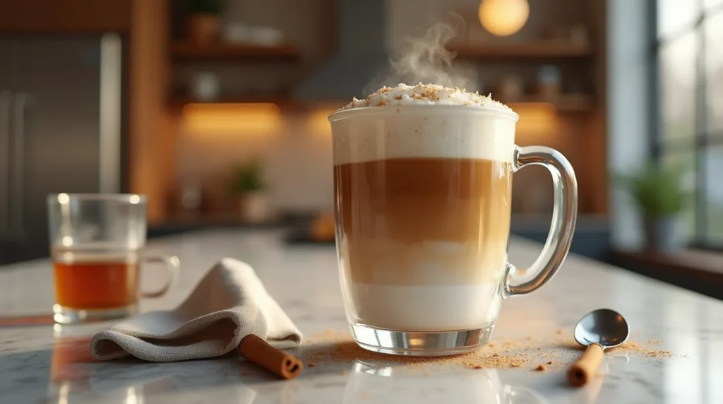 Chai Tea Latte Customization Options Dirty Chai Latte Starbucks Recipe – A layered homemade chai latte with espresso, topped with frothy milk and cinnamon in a glass mug on a modern kitchen counter.