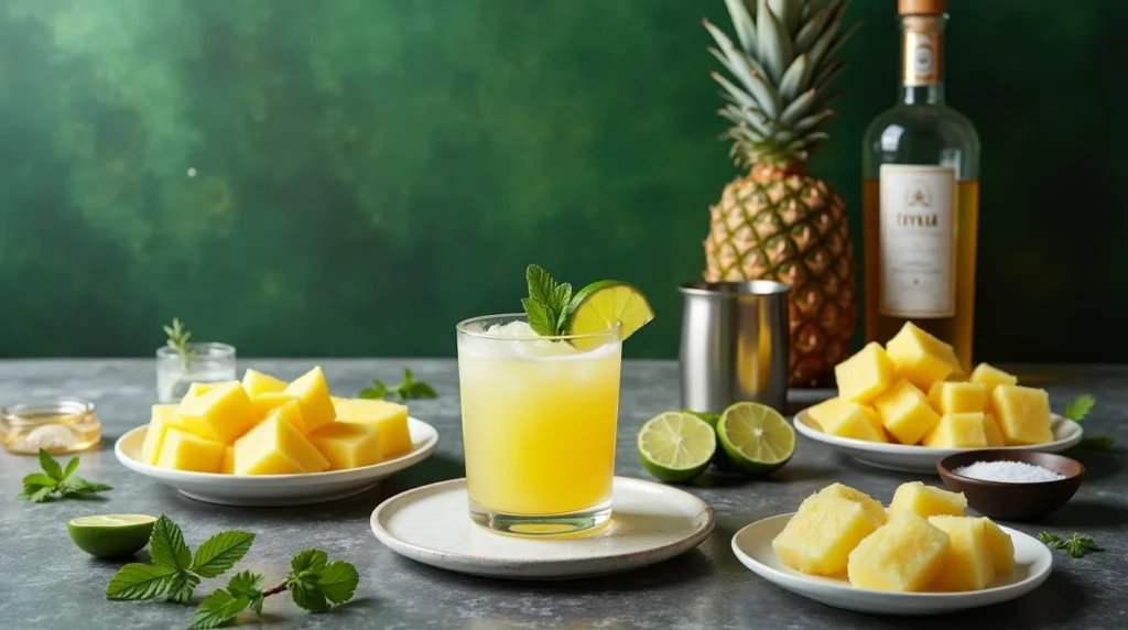 Fresh ingredients for Pineapple Margarita displayed on a table.