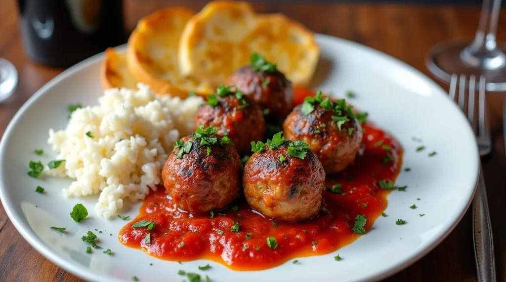 Greek Soutzoukakia meatballs in tomato sauce served with rice and toasted bread.