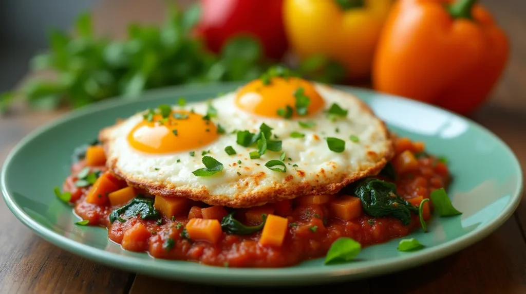 Healthy vegetarian breakfast with baked eggs on a bed of spiced tomato sauce, spinach, and diced vegetables.