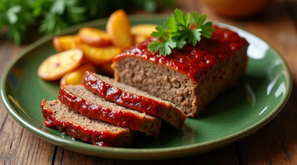 Sliced Lipton meatloaf with a tomato glaze, served with roasted potatoes and garnished with parsley on a green plate.