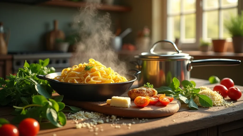 Garlic Parmesan Chicken Pasta preparation with fresh ingredients and steaming pasta in a rustic kitchen setting.