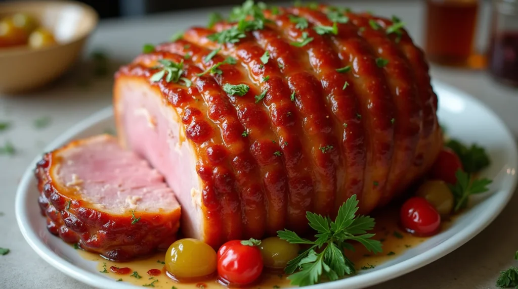 A glazed ham sliced to reveal its tender interior, prepared using a 3-ingredient ham glaze recipe, garnished with parsley and cherry tomatoes.