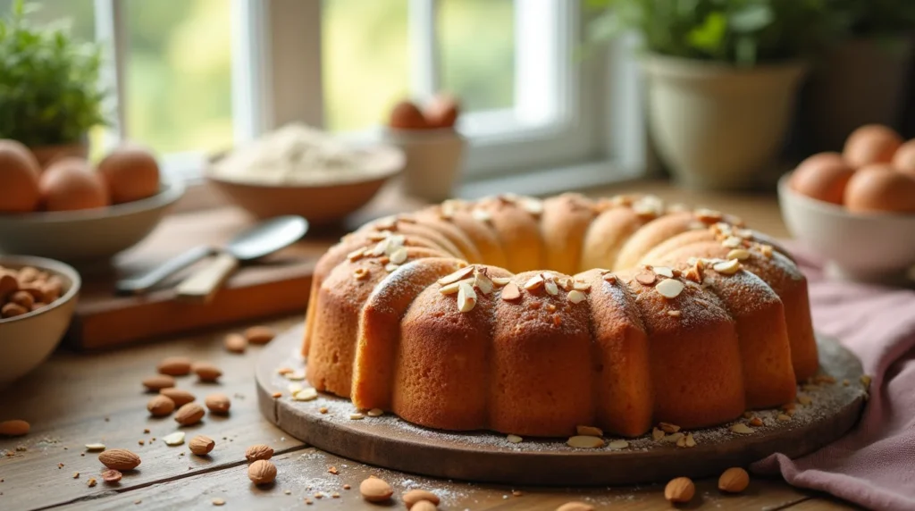 A golden almond nut cake recipe garnished with sliced almonds, sitting on a wooden platter surrounded by fresh ingredients in a sunlit kitchen.