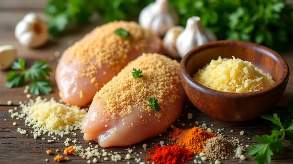 Fresh ingredients for Longhorn Parmesan Crusted Chicken, including raw chicken breasts coated with breadcrumbs and Parmesan cheese.