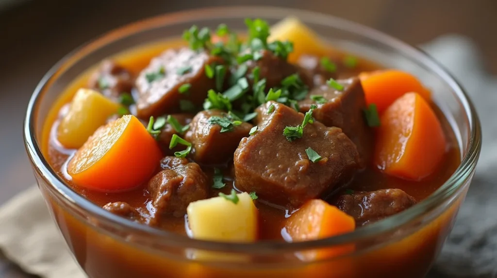 A glass bowl of Dinty Moore beef stew recipe with tender beef chunks, carrots, potatoes, and parsley in a savory broth.