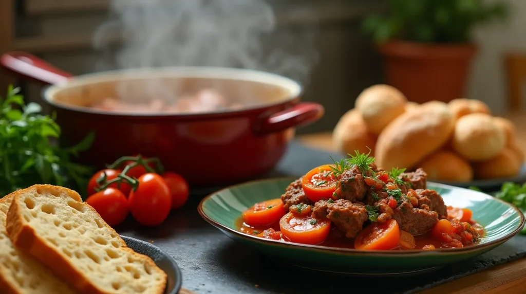 A steaming plate of tomato beef stew served alongside crusty bread, with a pot of stew and fresh tomatoes in the background.
