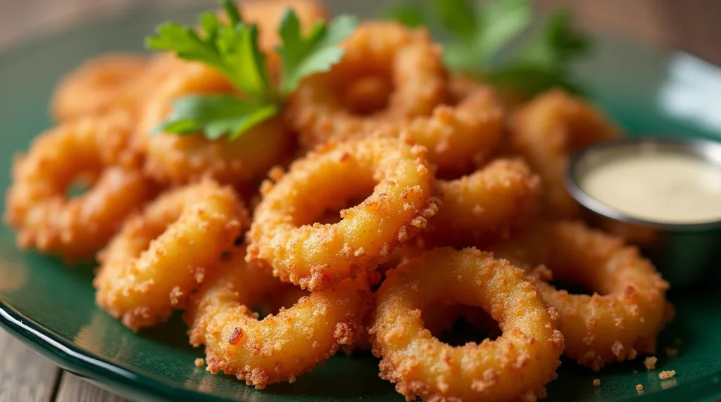 A plate of golden calamari rings prepared using a spicy crispy fried calamari recipe, served with dipping sauce and garnished with parsley.