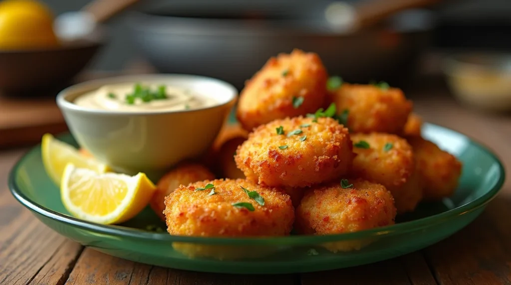 A plate of golden crispy fried kibbeh served with creamy dipping sauce, fresh lemon wedges, and garnished with parsley.