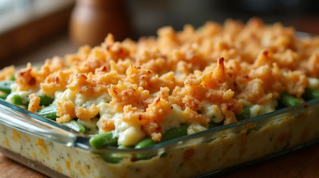 Green bean casserole topped with golden crispy fried onions in a glass baking dish.