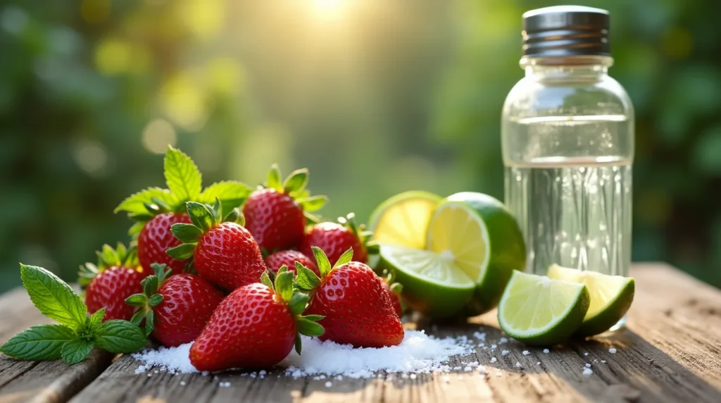Fresh strawberries, lime wedges, sugar, and a bottle of clear liquid on a wooden table outdoors.