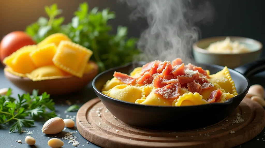 Steaming Ravioli Carbonara with crispy pancetta and fresh ingredients on a kitchen countertop.