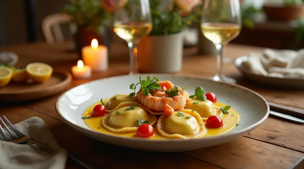Lobster Ravioli plated with creamy saffron sauce, garnished with herbs and cherry tomatoes.