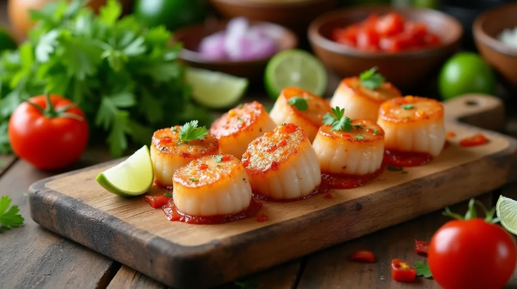 Callo de hacha recipe preparation with seared scallops on a wooden board, garnished with herbs and served with lime and tomato-based sauce.