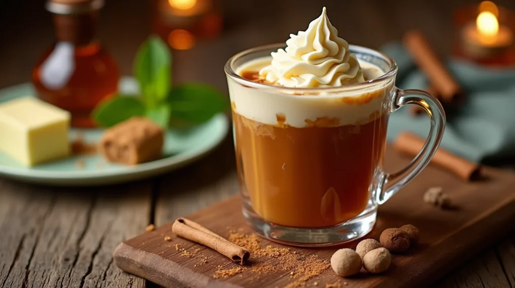 Hot buttered rum drink with ice cream, topped with whipped cream, served in a glass mug with cinnamon and nutmeg on a rustic wooden board.