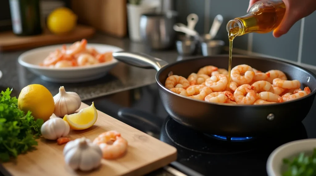 Shrimp cooking in a pan with olive oil being poured, surrounded by fresh garlic, lemon, and parsley on a cutting board.