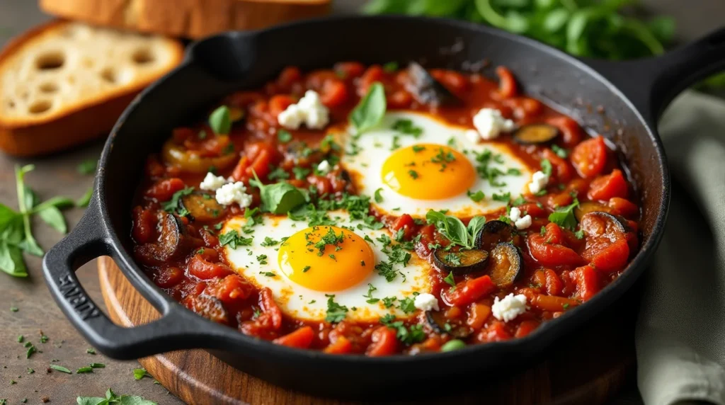 Vegetarian Mediterranean shakshuka with eggs, zucchini, and feta cheese in a skillet, garnished with fresh herbs.