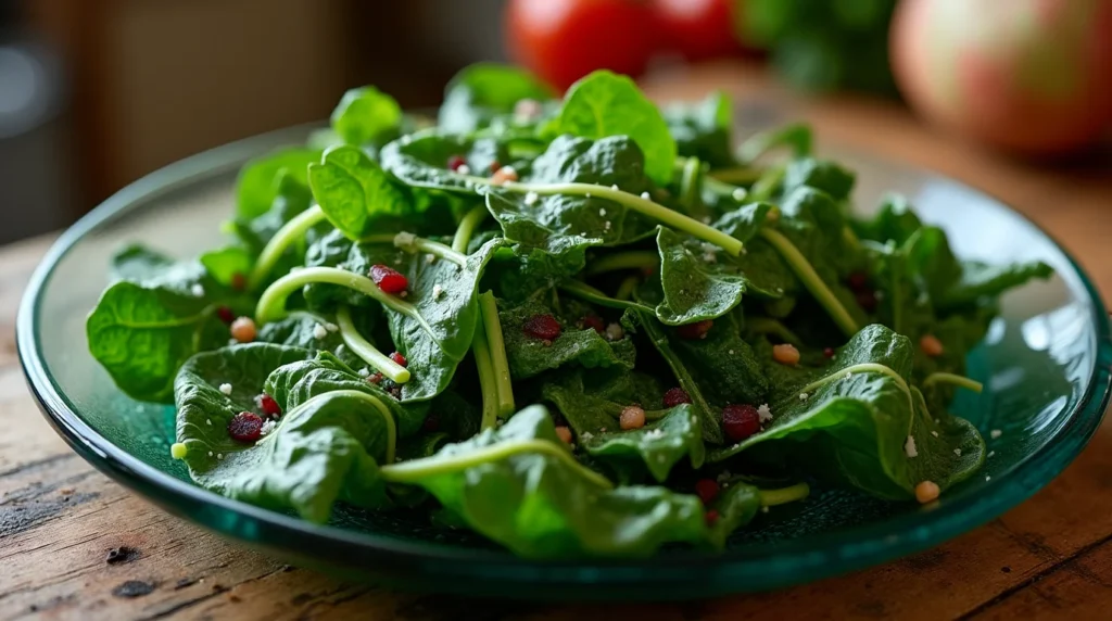 A vibrant spinach salad garnished with pomegranate seeds and small white crumbles for prepartion of Traditional Lentil Soup with Greens and Rice