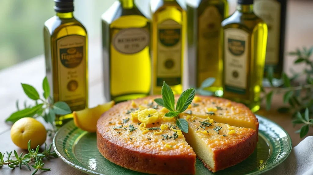 A freshly baked cake from the Dan Richards olive oil cake recipe, garnished with lemon zest, herbs, and mint leaves, displayed alongside premium olive oil bottles.
