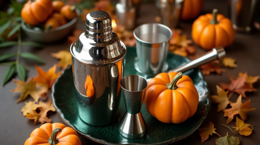 Bar tools with pumpkins and autumn leaves for crafting a pumpkin spice espresso martini.