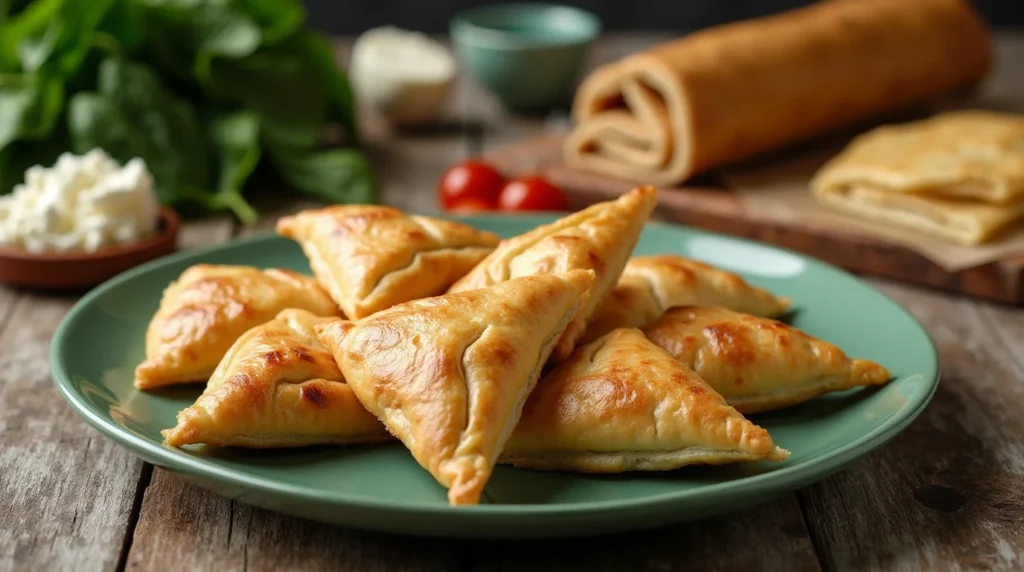 A plate of golden-brown spanakopita triangles, filled with spinach and cheese, served on a green plate with fresh ingredients in the background.
