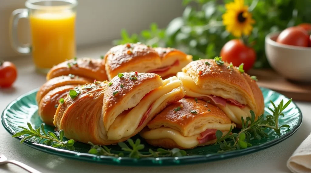Freshly baked ham and cheese croissant bake garnished with fresh herbs, served on a green plate.