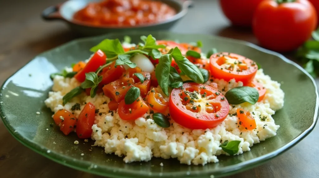A vibrant plate showcasing Cottage Cheese Egg Bake with Spiced Tomato Sauce, topped with fresh tomatoes, basil, and herbs.
