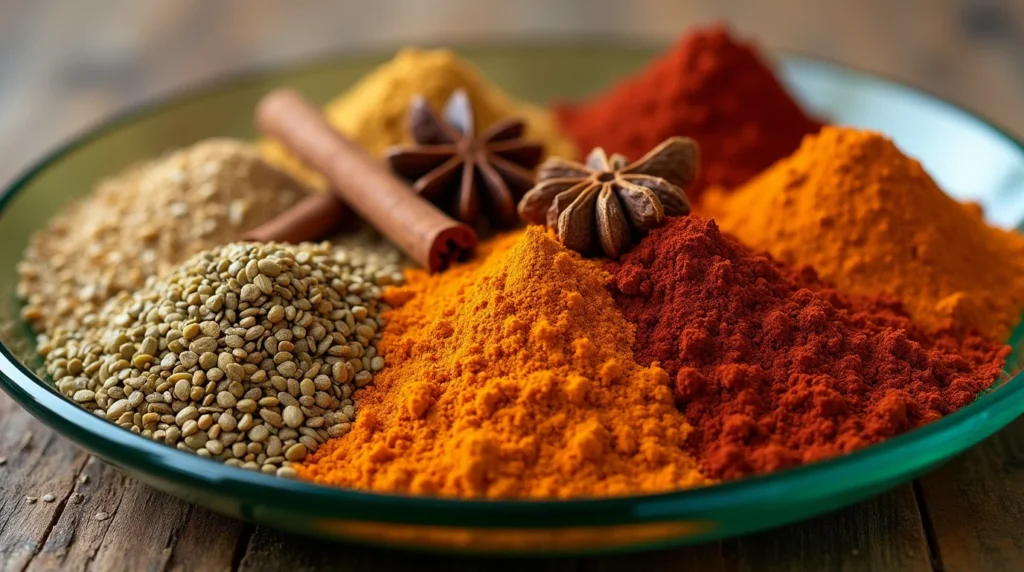 An array of vibrant Moroccan spice blend ingredients, including turmeric, paprika, coriander seeds, cinnamon sticks, and star anise on a green plate.