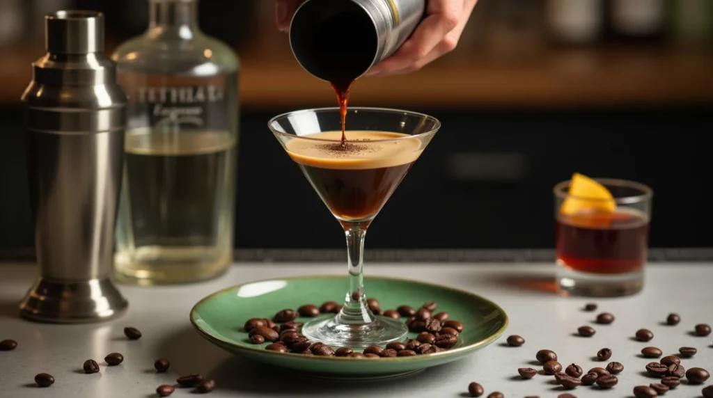 Espresso martini with tequila being poured into a glass, surrounded by coffee beans and cocktail essentials.