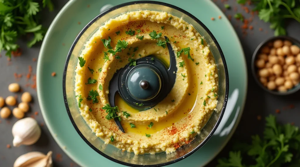 Overhead view of creamy homemade hummus in a food processor, garnished with parsley, olive oil, and paprika, surrounded by chickpeas, garlic, and fresh parsley.