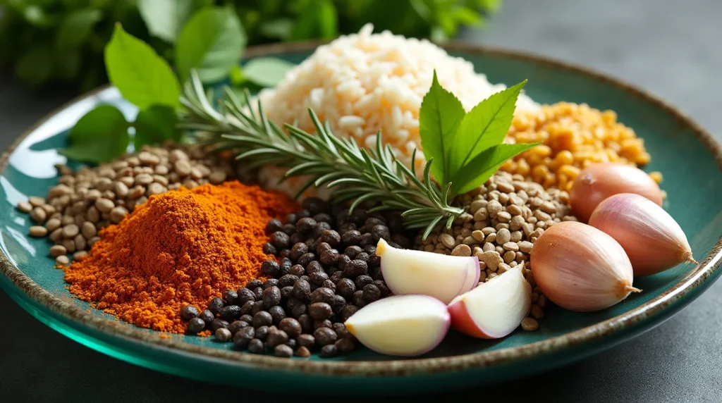 Aromatic spices, lentils, and herbs arranged on a plate for lentil soup preparation.