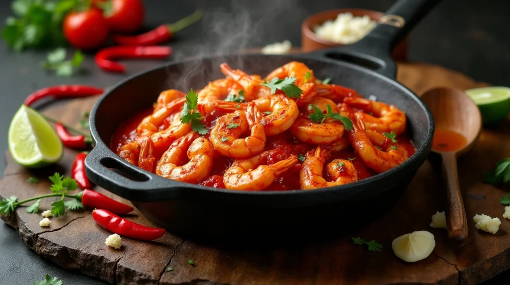 Camarones a la Diabla served in a cast-iron skillet with a vibrant red sauce, garnished with fresh cilantro and surrounded by limes, chili peppers, and garlic.