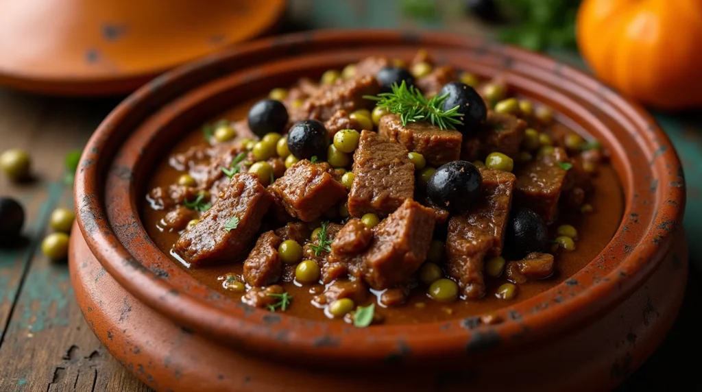 Beef Tagine with Green Beans and Olives served in a traditional clay pot, garnished with fresh herbs and black olives.